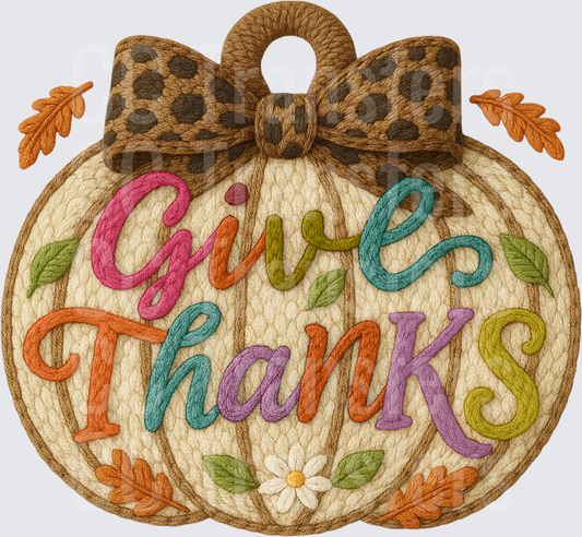 Embroidered Pumpkin Give Thanks Leopard Bow Fall Leaves (DTF)