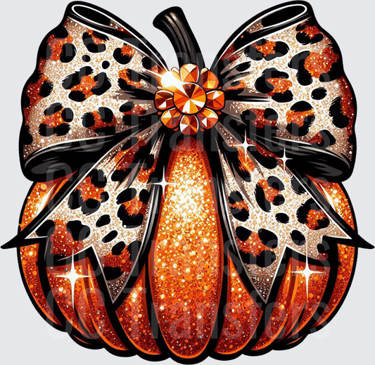 Glitter Orange Pumpkin Leopard Print Bow Rhinestone (DTF)