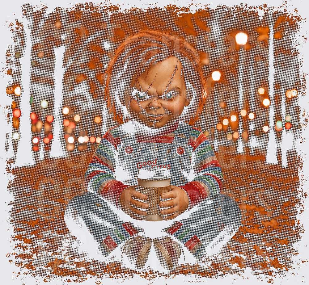 Scarred Doll Holding Coffee Cup Autumn Bokeh (DTF)