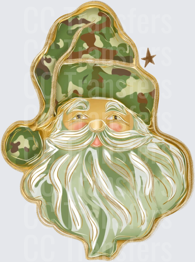 Camo Santa Claus Face Gold Outline Christmas (DTF)