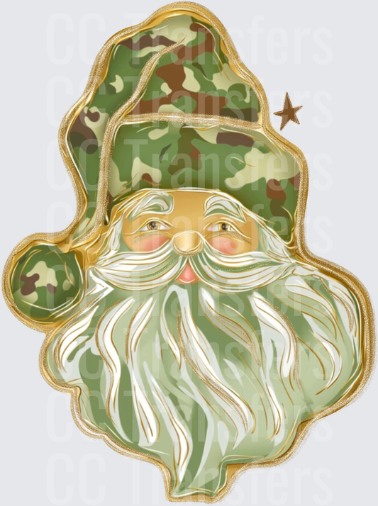 Camo Santa Claus Face Gold Outline Christmas (DTF)