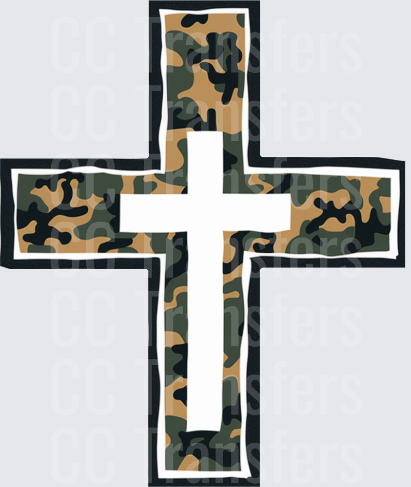 Camo Christian Cross with White Cutout Bold Outline (DTF)