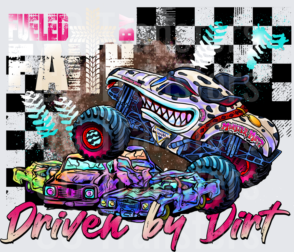 Driven By Dirt Monster Truck Crushing Cars Checkered (DTF)