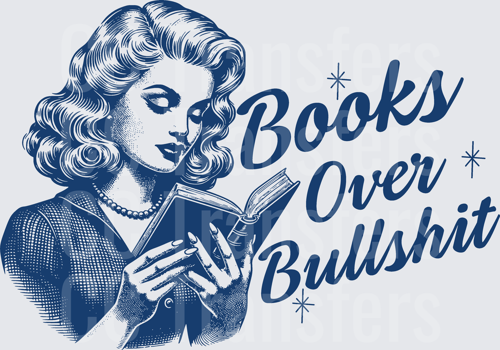 Retro Woman Reading Books Over Bullshit Vintage Blue (DTF)