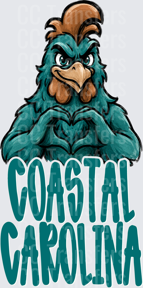 Coastal Carolina Angry Rooster Heart Hands Mascot (DTF)