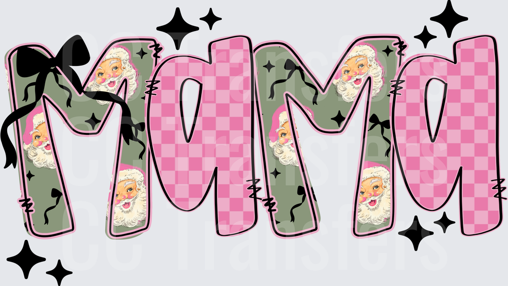 Mama Retro Santa Pink Checkered Bow Christmas (DTF)