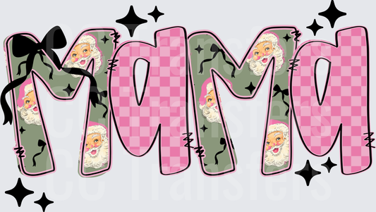 Mama Retro Santa Pink Checkered Bow Christmas (DTF)