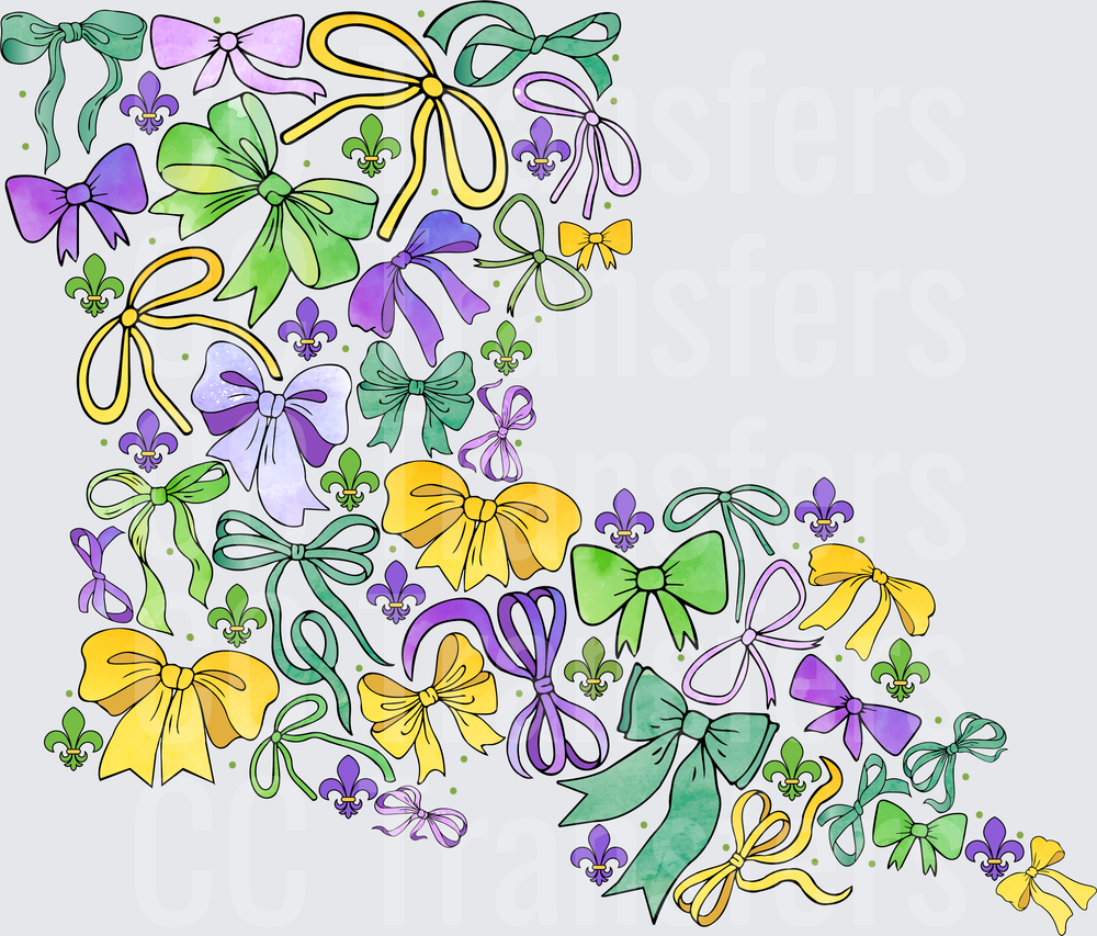 Louisiana State Shape Mardi Gras Bows Fleur de Lis (DTF)
