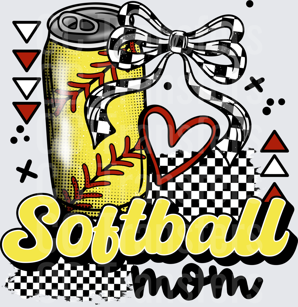 Softball Mom Soda Can Checkered Bow Heart Design (DTF)