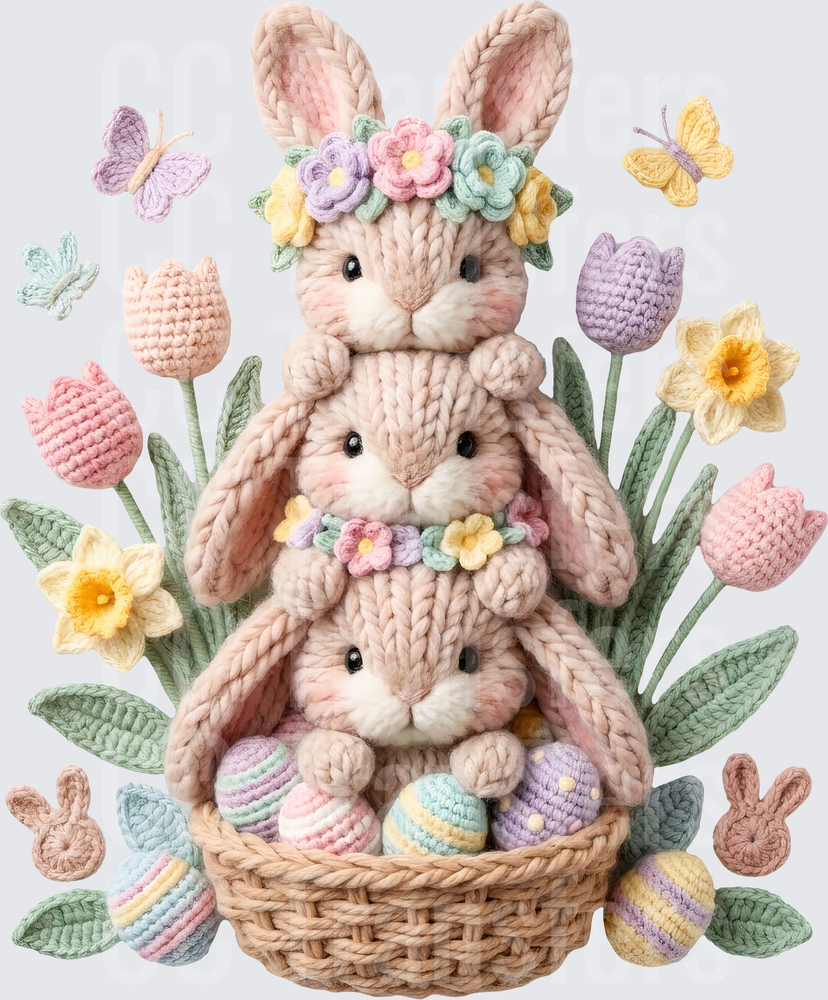 Crochet Bunny Stack Easter Basket Pastel Spring (DTF)
