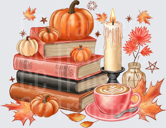 Cozy Fall Books Pumpkins Candle Latte Autumn Leaves (DTF)