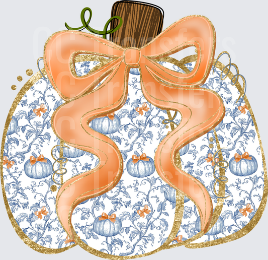 Blue Toile Pumpkin with Peach Bow and Gold Glitter (DTF)