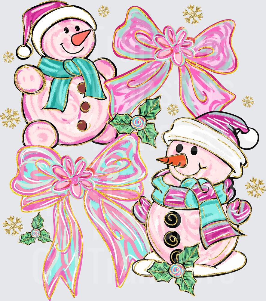 Pink Preppy Snowmen Bows Holly Christmas Cluster (DTF)