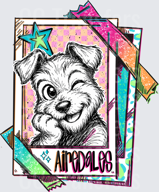 Airedale Terrier Sketch Retro 90s Polaroid Style (DTF)