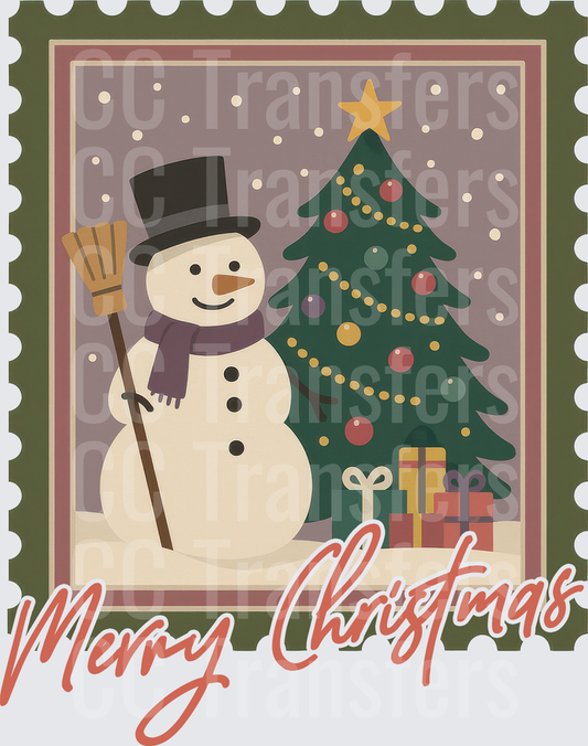 Vintage Christmas Stamp Snowman Tree Merry Christmas (DTF)
