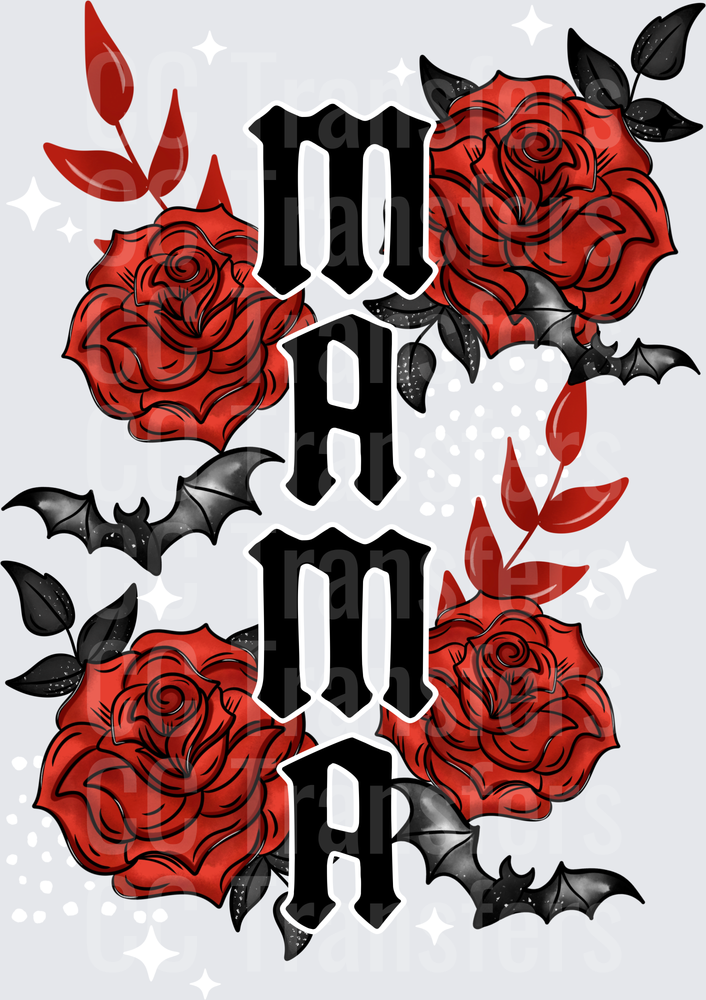 Gothic Mama Lettering Red Roses Bats Dark Floral (DTF)