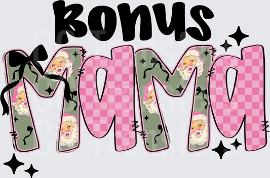 Bonus Mama Retro Santa Pink Checkered Black Bow (DTF)
