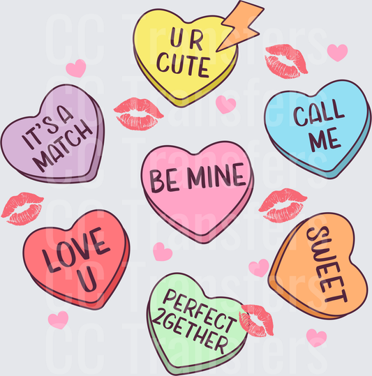 Colorful Valentine Candy Hearts with Sweet Messages (DTF)