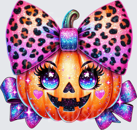 Glitter Leopard Bow Jack-O-Lantern Girl Pumpkin (DTF)