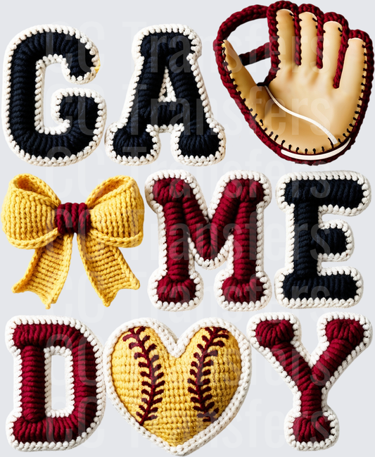 Crochet Patch Game Day Softball Glove Heart Bow Letters (DTF)