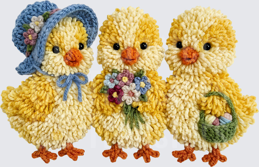 Three Yarn Chicks with Hat Flowers and Easter Basket (DTF)