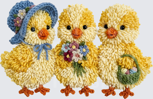 Three Yarn Chicks with Hat Flowers and Easter Basket (DTF)