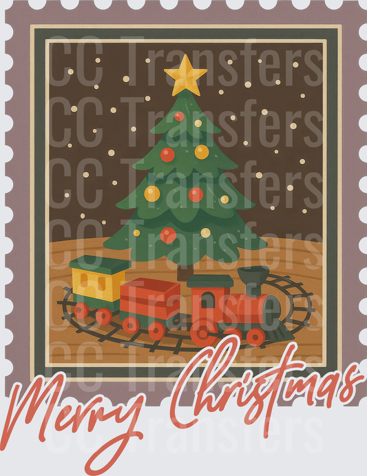 Merry Christmas Vintage Postage Stamp Train Tree (DTF)