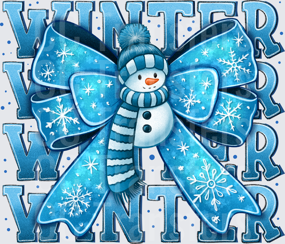 Winter Snowman Blue Bow Snowflake Stacked Letter Design (DTF)