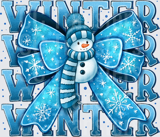 Winter Snowman Blue Bow Snowflake Stacked Letter Design (DTF)