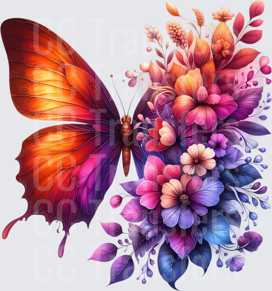 Vibrant Orange Purple Butterfly Floral Bouquet (DTF)