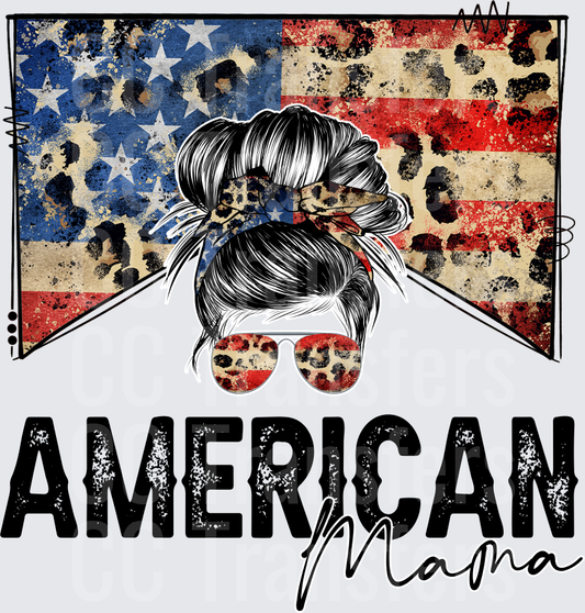 American Mama Messy Bun Leopard Flag Distressed (DTF)
