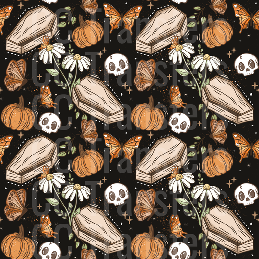 Halloween Coffins Skulls Pumpkins Butterflies Pattern (DTF)