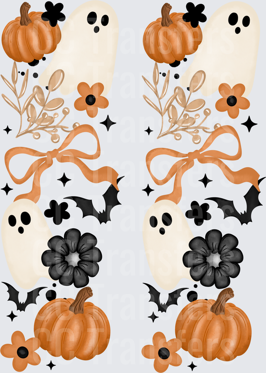 Boho Halloween Ghosts Pumpkins Bats Floral Bow (DTF)