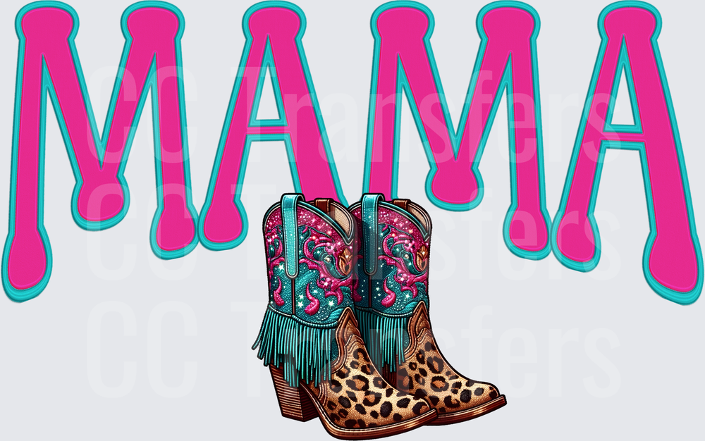 Mama Bold Pink Teal Cowboy Boots Leopard Fringe (DTF)