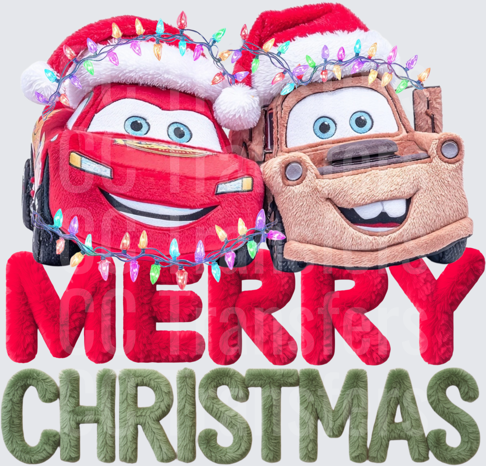 Plush Racing Cars Santa Hats Christmas Lights Merry Christmas (DTF)