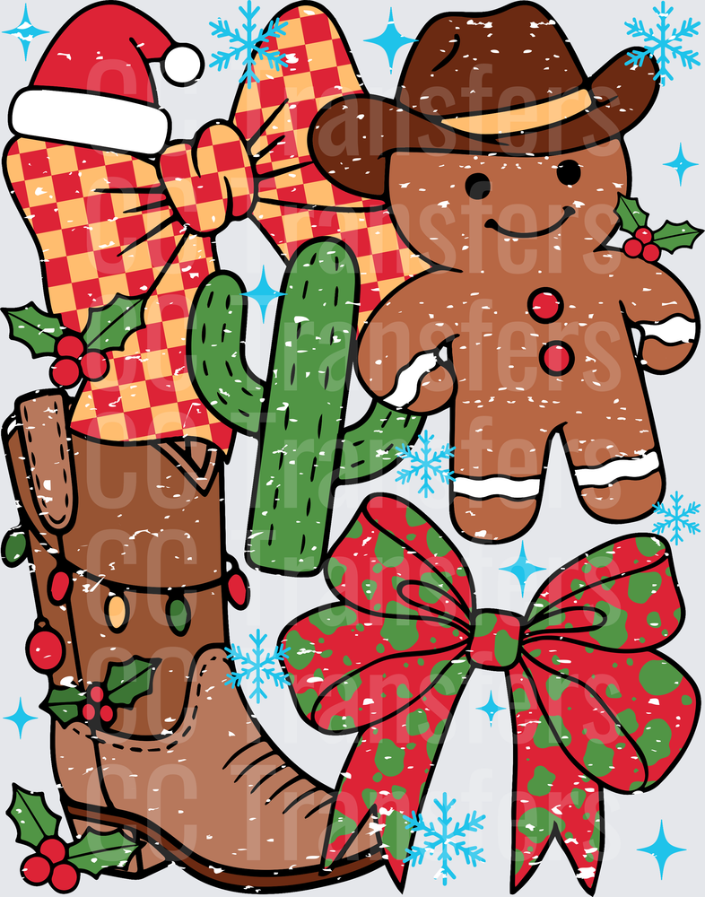 Western Christmas Cowboy Gingerbread Cactus Boot Bow (DTF)