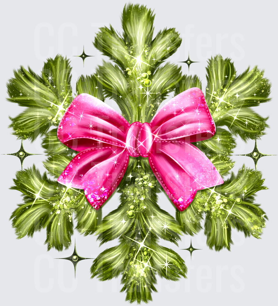 Sparkling Christmas Pine Wreath with Pink Glitter Bow (DTF)