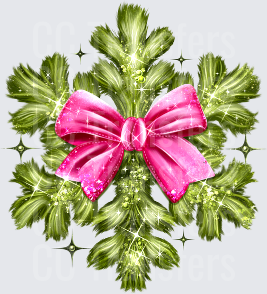 Sparkling Christmas Pine Wreath with Pink Glitter Bow (DTF)