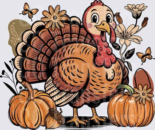 Cute Thanksgiving Turkey Pumpkins Butterflies Floral (DTF)