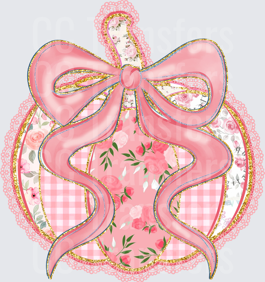 Coquette Pink Bow Floral Gingham Lace Gold Glitter Ornament (DTF)
