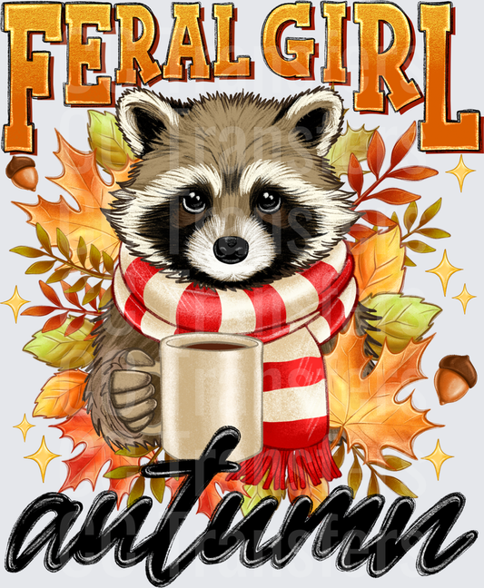 Feral Girl Autumn Raccoon with Coffee Fall Leaves (DTF)