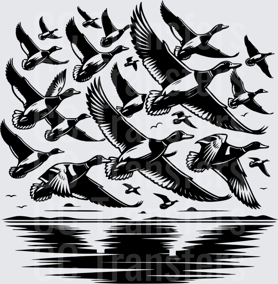 Flock of Ducks Taking Flight Over Water Black White (DTF)