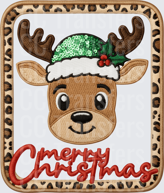 Merry Christmas Reindeer Sequin Hat Leopard Frame (DTF)