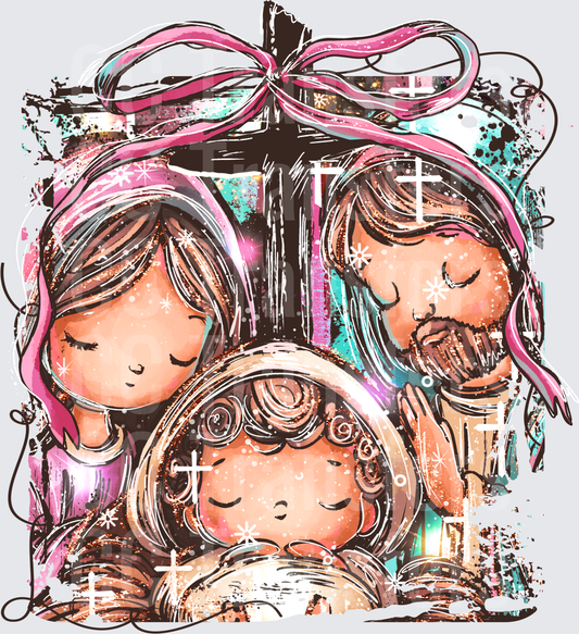 Holy Family Nativity Scene Cross Pink Bow Watercolor (DTF)