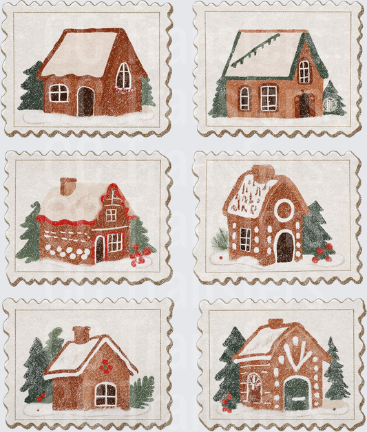 Vintage Christmas Postage Stamp Gingerbread Village Set (DTF)