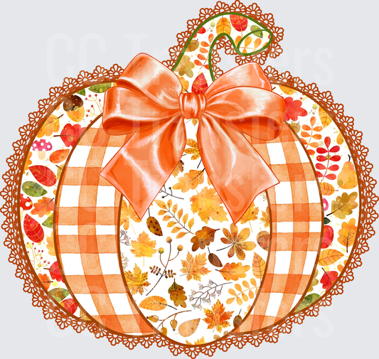 Buffalo Plaid Pumpkin with Bow and Fall Leaves (DTF)