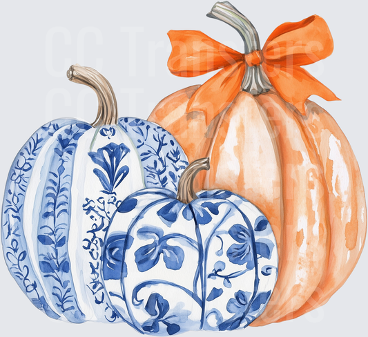 Chinoiserie Blue White Pumpkins Orange Bow Fall (DTF)
