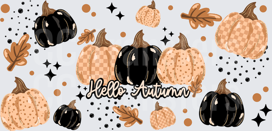 Hello Autumn Pumpkins Black Tan Checkered Fall (DTF)