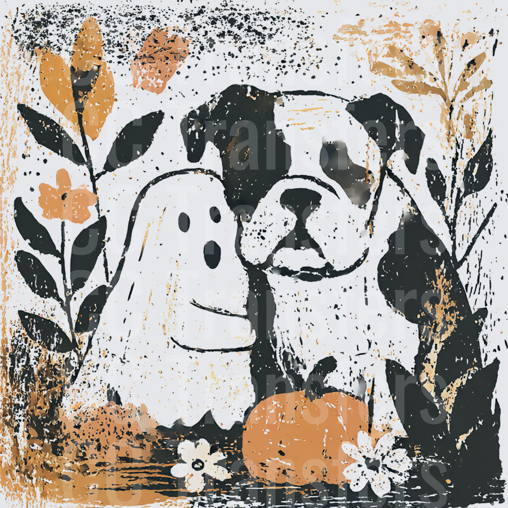 Bulldog with Cute Ghost and Pumpkin Halloween Floral (DTF)