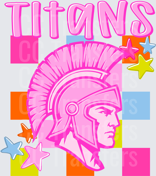 Pink Titans Mascot Warrior Helmet Retro Checkered Stars (DTF)